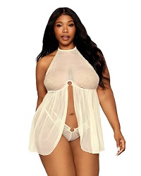 Dreamgirl Plus Size Polkadot and Mesh Babydoll and G-string Set 13273x