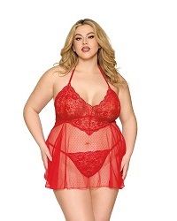 Dreamgirl Plus Size Dot Mesh Babydoll & G-String Diamond 13524x