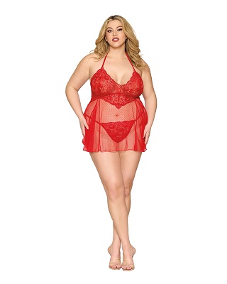 Dreamgirl Plus Size Dot Mesh Babydoll & G-String Diamond 13524x